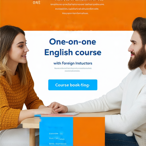 外籍師資一對一英語課程的宣傳圖片，呈現學習者與教師互動的情景，強調提升英語能力的主題，背景清晰，圖中包含課程預約資訊，吸引潛在學生參與。