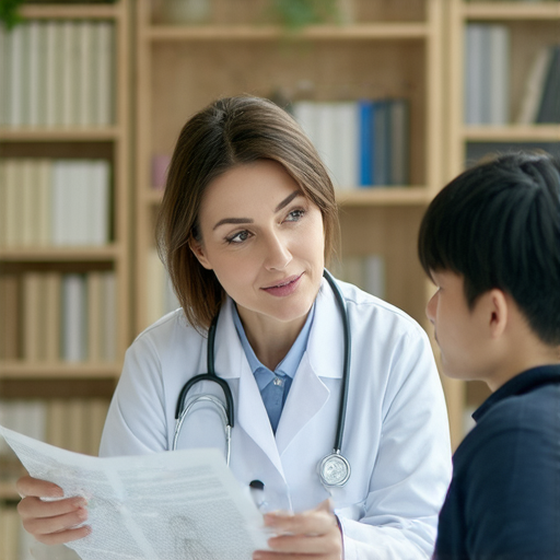 一位外籍老師與學生進行一對一的醫學英語教學，背景為醫學相關書籍和資料，展現肌少症的研究主題，強調提升醫學英語理解力的重要性。