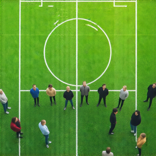 運動場上，一群鄰居正緊密圍繞著進行道歉的場面，展現秘密連鎖與重疊故事，充滿情感交流與理解的瞬間，背景有運動器材和草坪。