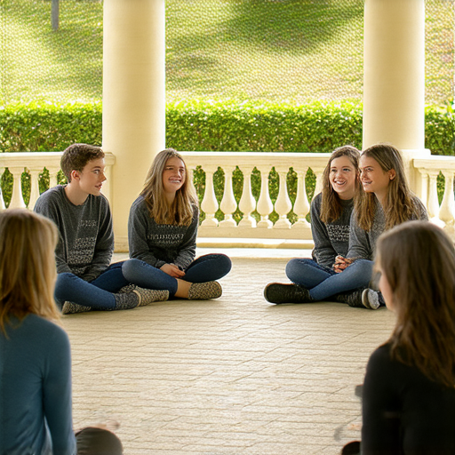 涼亭內的學習場景，展示出席、分期和初衷的關聯，背景有學生專心討論的畫面，強調互動學習的氛圍。