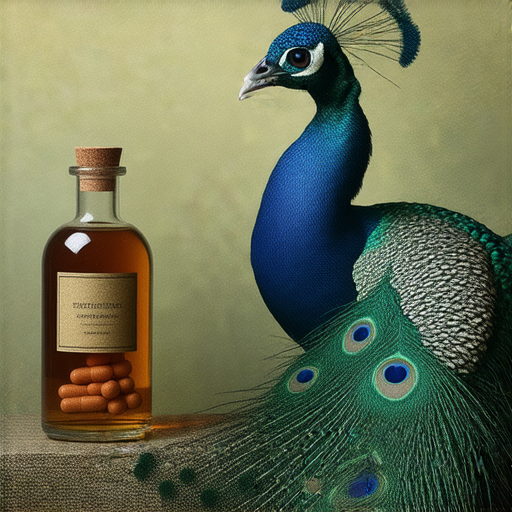 孔雀展翅的奢華景象與安眠藥瓶並排，象徵著探索家務與尊重背後的秘密，揭示生活的真相與隱藏的奢華，帶來深刻的思考。