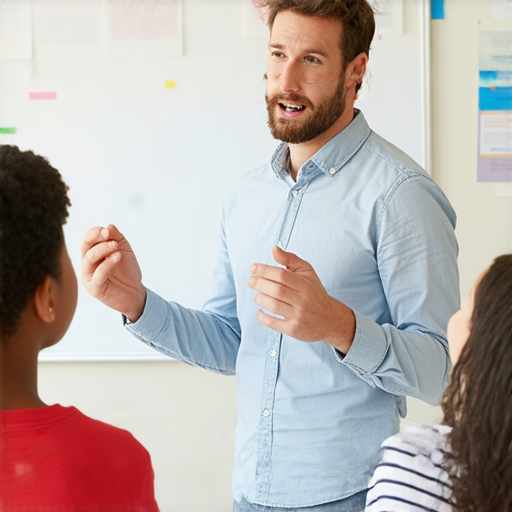 外籍老師與學生進行一對一英文教學，場景展示互動學習的氛圍，專注於提高學生的英語口語能力，立刻體驗流利英語之旅，增強學習效果。