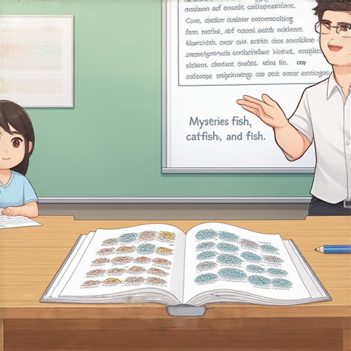 探索牛、鰍與魚的英語奧秘的圖片，外籍老師一對一教學場景，學生專注學習，桌面上有魚類圖鑑和草稿紙，體驗互動式學習，提升英語口語能力。