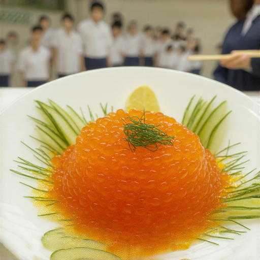 烏魚子是台灣獨特的美食，展示在盤子上，旁邊擺放著新鮮的配料，外籍老師正在教學生如何用英語描述這道美食的歷史和文化，讓學習更有趣。