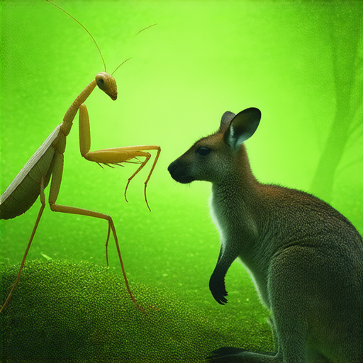 展示一隻螳螂與袋鼠在自然環境中的相遇，象徵生命中的衝突與行動奧秘，探索不同生物如何在各自的生態中生存與發展，展現生命的多樣性和互動。