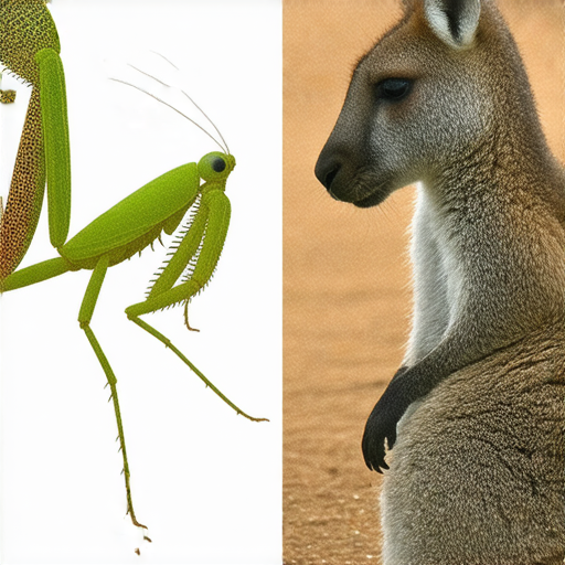 螳螂和袋鼠的對比圖，展現二者獨特的生物行動與血清衝突，揭示不為人知的秘密，吸引對生物學和動物行為有興趣的讀者探尋更多知識。