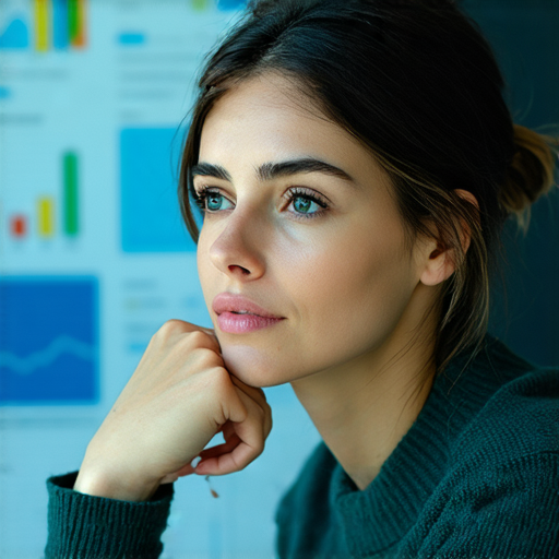 一位女性在思考與反思的過程中，面前擺放著筆記本與筆，背景為數據圖表與思維導圖，展示如何在瞬間改變觀點與行動的主題。