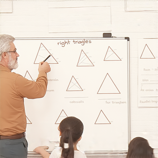 一位外籍英文老師與學生一對一學習直角三角形的數學概念，教學過程中白板上展示三角形的特點，數學和英文知識結合，讓學習更加有趣和有效。