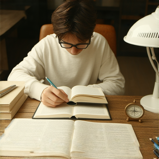 一位年輕人在書桌前專注閱讀，周圍環境整潔，背景有計劃工具和筆記本，象徵著擺脫拖延和掌握人生的心靈指引，展現內心指南針的力量。