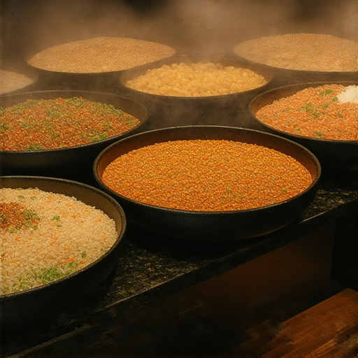 煎、煮、煲的熊本熱氣料理展示，香氣四溢的美食擺盤，色彩繽紛的食材和冒著熱氣的湯鍋，挑戰你的味覺和熱度，享受熊本獨特口味體驗。