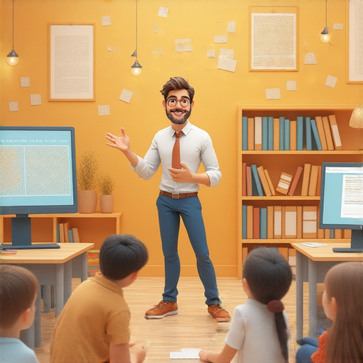 外籍英文老師引導學生進行終身學習，畫面中老師與學生互動，背景展示學習資源，傳遞活到老學到老的理念，鼓勵學習英文的熱情。