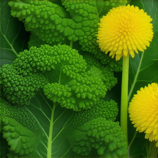 葵涌與蒲公英的秘密，這些蔬菜在藥膏中的重要性。展示葵涌植物與蒲公英葉子，背景是自然環境，強調它們的醫療價值和用途。