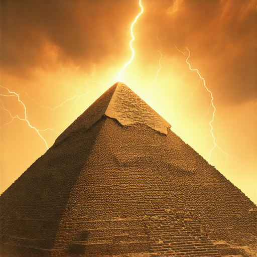 探索金字塔與閃電之間的聯繫，揭示重要與重點的秘密，圖中顯示金字塔結構及閃電劈落的動態場景，富含象徵意義，吸引觀眾深入了解。
