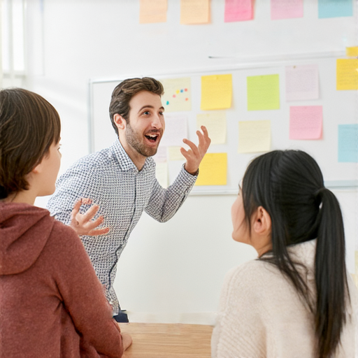 一位外籍教師與學生在產房內進行一對一英語學習，交流情緒表達技巧，背景展示英語學習資源，突出情感表達的重要性，展現互動教學環境。