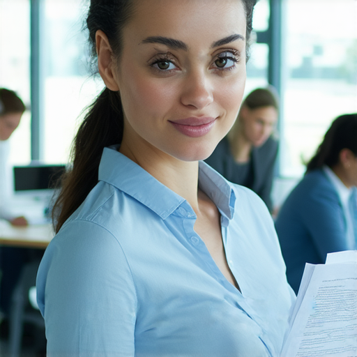 一位女性優雅地在辦公室環境中工作，展現出信心與優勢，手中持有文件，背景中同事間的互動暗示克服偏見與擔憂的情境，詮釋成功與自我提升的重要性。