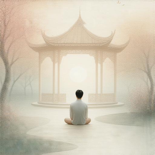 凉亭中展示人生初衷的情景，融合分期與利息的概念，象徵理財智慧與人生選擇，背後動力引人深思，啟發人們追尋更美好的未來。