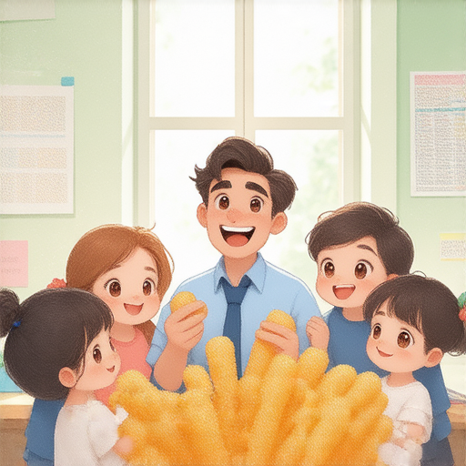 外籍老師在教學環境中指導學生用英文點油條，學生們專注學習，場景充滿活力，展示了學習英語的趣味及外籍教師的專業教學服務。