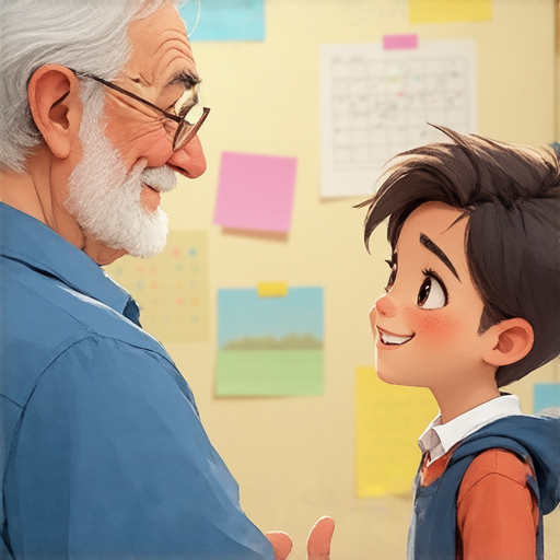 一位外籍老師與學生互動，學生自信地用英文交流，象徵學習英文的樂趣與成就，展現皺紋的秘密，提升自信心。