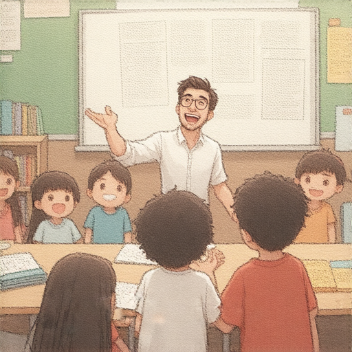 外籍老師教學場景，學生與老師互動熱烈，使用獨特方法提升英文能力，學習氛圍輕鬆愉快，讓英語學習如炒魷魚般飛速提升。