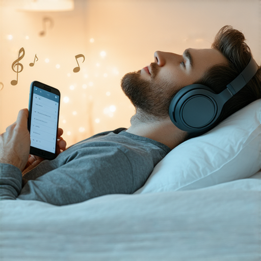 一位用戶在床上使用英文聽力App，耳機中的外籍老師輕聲講解，營造寧靜睡前氛圍，提升學習效果，讓你伴隨音樂入夢，立即探索這款APP的魅力。