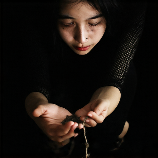 一名年輕女性坐在黑暗中，臉上流露出傷感，手中握著一個破碎的物品，象徵偷盜與內心掙扎，她渴望重新找回自我。