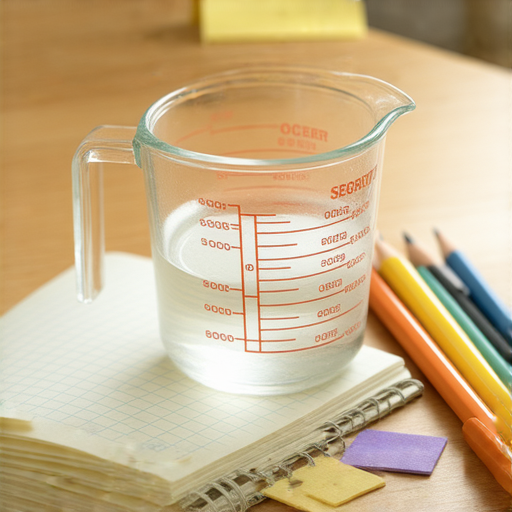 量杯和學習工具的圖片，展示用英文一對一學習提升溝通能力的過程，靈感來自量杯的秘密，鼓勵探索學習方法，提升語言技巧。