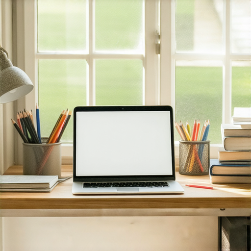 書桌上擺放著筆記本電腦、文具和書籍，背景為明亮的窗戶，陽光照射在桌面上，營造出溫馨而專注的工作環境，適合學習或辦公使用。