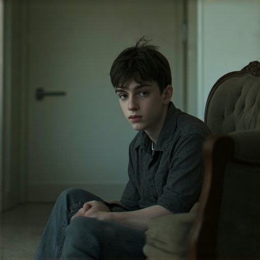 一名青少年坐在空蕩蕩的房間中，手中握著偷竊的傢俬，臉上流露出內疚與困惑的神情，背景隱約可見醫院走廊，象徵著情感的掙扎與康復之路。