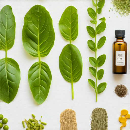 九層塔葉片整齊排列，旁邊擺放著製作健康飲品的材料和器具，背景有中藥的草藥瓶，展現探索中藥的奇妙世界及乳頭護理秘訣。