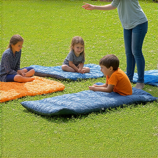 外籍英文老師在教學活動中，帶領學生探索睡袋的使用技巧，學習用英文描述露營冒險，背景為戶外自然環境，展現露營氛圍和學習組合。