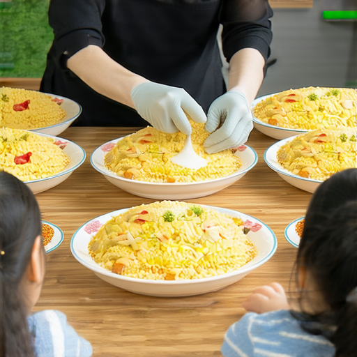 外籍老師示範焗飯的烹飪過程，學生們專注學習，背景是一桌美味的焗飯，強調學英文與品味美食的結合，讓學習變得更有趣。