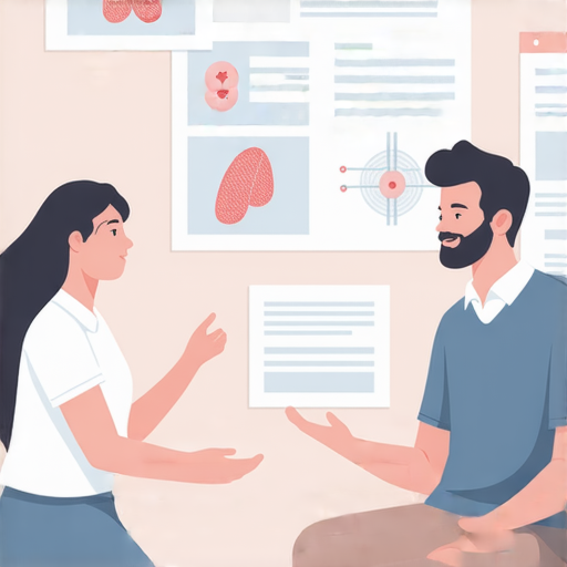 外籍英文老師與學生一對一交流，探討肺氣腫的健康知識，背景中展示相關醫療圖表，強調用英文學習健康資訊的重要性，促進學習和理解。