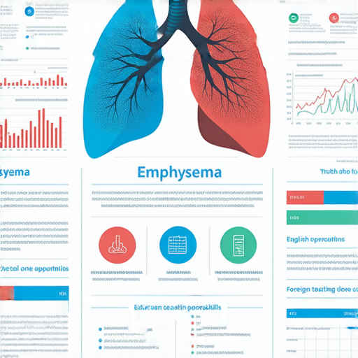 肺氣腫的真相解說圖，展示病因與預防方法，同時強調提升英語能力的學習機會，包含一對一外籍教學。