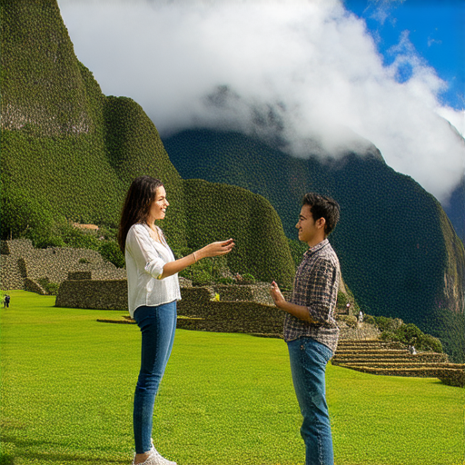 探索秘魯秘境的美麗景觀，背景中有外籍老師與學生一對一互動學習英文，呈現愉悅的學習氛圍，啟動你的英文學習之旅，立即預約外籍教學。