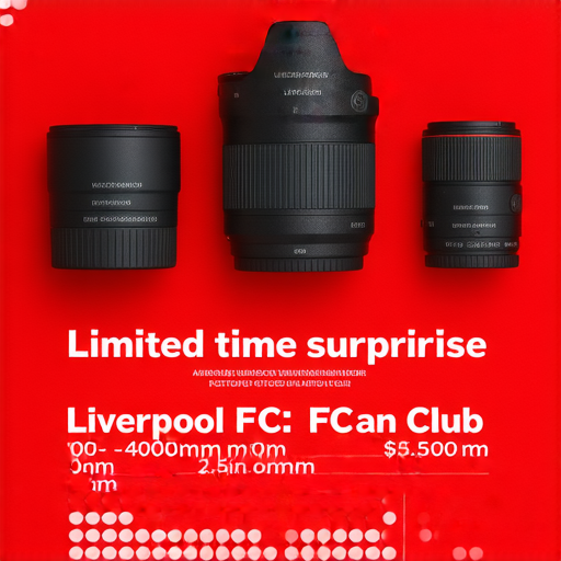 限時驚喜活動圖片，包括品100-400mm鏡頭及利物浦球迷會特別贈品的誘人介紹，吸引攝影愛好者和足球迷注意，促銷信息清晰可見。