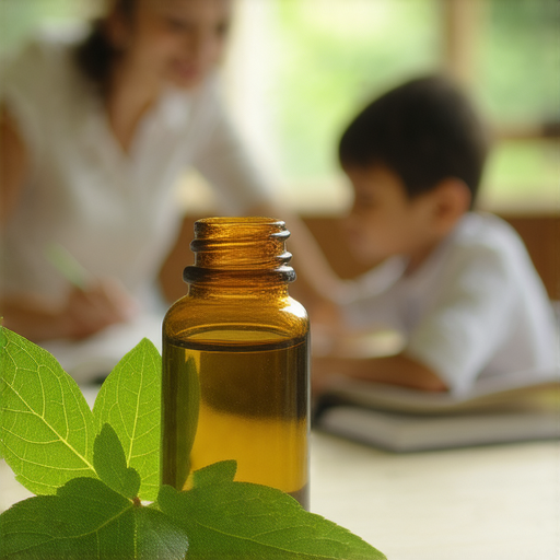 探索百里香精油的瓶子與葉子，旁邊有外籍老師和學生進行一對一英語課程，學習與香氣相結合，提升英語能力的場景。
