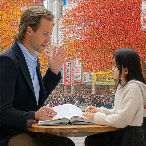 外籍老師在秋葉原教授一對一英文課程，學生專注學習提升溝通技巧，背景為秋葉原的獨特街景，展示多元文化與學習氛圍。