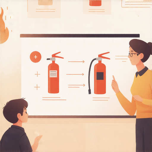 一位外籍老師與學生進行一對一英語學習，主題為滅火器的英文用語，背景中有滅火器的圖片，展示學習安全與火災應對技能的重要性。