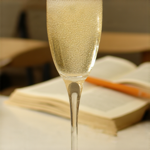 香檳酒在秀麗的酒杯中閃耀，背景是優雅的教室環境，學生正在學習英語。這張圖片展示了學習雅致英語的過程，並鼓勵即刻預約外籍老師以拓展對香檳酒的了解。