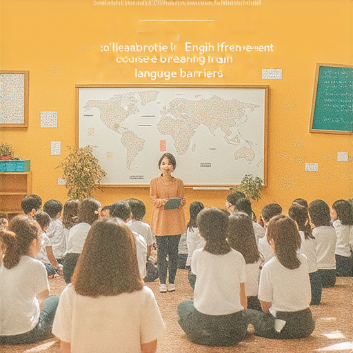 突破殘廁困境的課程宣傳圖，展示外籍老師一對一教學，學習流利英文，課堂互動熱烈，學生積極參與，適合各年齡層學習者，共同提升英語能力。