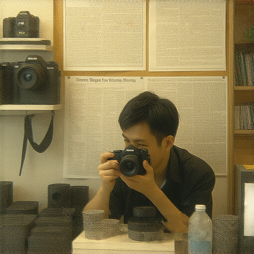 相機維修店鋪內部，技師專注檢查相機，顯示深水埗與旺角的維修方案，周圍擺放各類維修工具與配件，營造出專業可靠的氛圍，吸引攝影愛好者前來探索實惠服務。