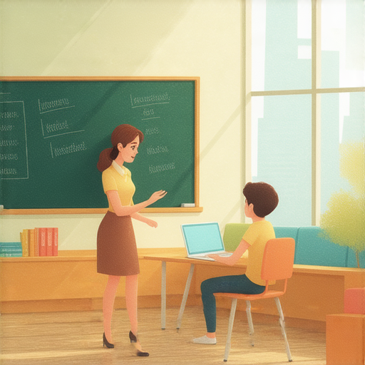 一位外籍英文老師與學生進行一對一的互動教學，專注提升英文能力，背景呈現友好的學習環境，適合尋求個性化英文輔導的學習者。