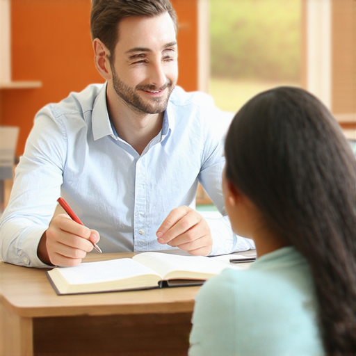 一位外籍教師與學生進行一對一英語教學，教室環境舒適，桌上擺放英語學習資料，學生專注學習，象徵著Unlock Your English Potential的學習之旅。