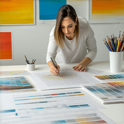 一位設計師正在專心創作廣告設計，桌上擺滿品牌素材與顏色樣本，展現如何打造令人驚豔的品牌形象，揭開廣告設計的秘密。