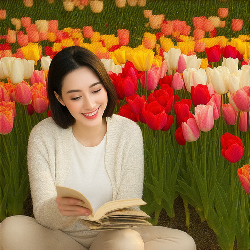 鬱金香背景的外籍老師與學生進行一對一英語學習，展現語言之美，培養語言能力，體驗多元文化的愉悅瞬間，提升英文交流技巧，豐富學習經歷。