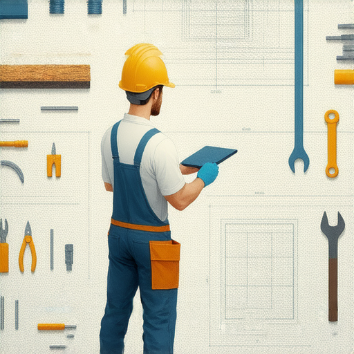 掌握水電工程秘密的維修與創新技巧，展示專業技術的工具與設備，背景是現場施工，呈現水電工程的關鍵知識和技巧，適合學習和參考。