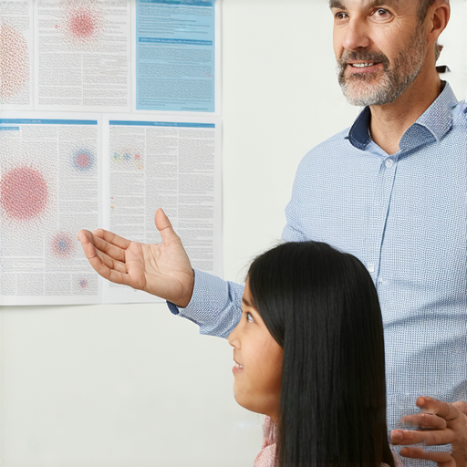 一位外籍英文老師正在與學生進行一對一的英語學習，旁邊有關於腦膜炎的科普資料，展示探索腦膜炎知識的奇妙旅程。