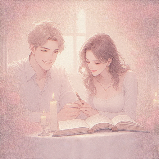 慶祝結婚周年的場景，伴侶在浪漫氛圍中學習英語，象徵愛的交流，邀請報名外籍英文老師進行一對一教學，提升語言能力，共享彼此的愛。