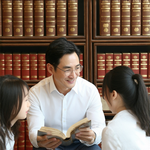 外籍英文老師與學生互動，探索線裝書的文化與歷史，背景顯示各種線裝書的展示，強調學習新知的重要性，享受書籍之美的氛圍。