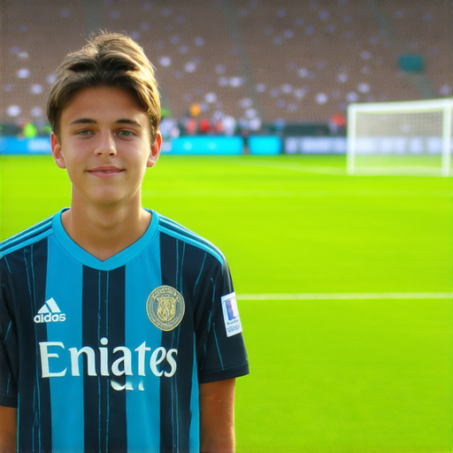 穿著夢想球衣的青少年，背景是足球場，展現出對運動的熱情與學習的動力，配合一對一英文教學，探索球衣背後的故事，展現個人風格與學習的渴望。